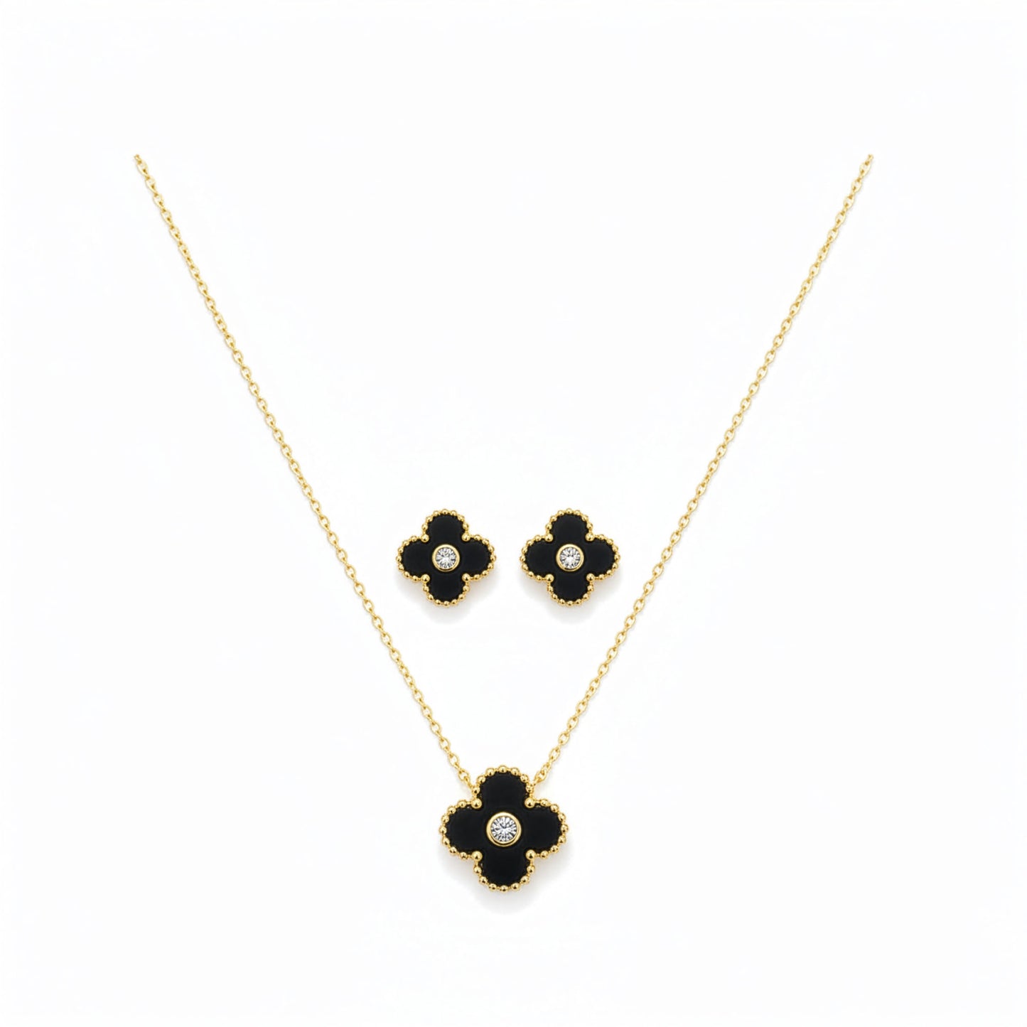 Set Trèfle Lumière Onyx flatlay complet collier chaîne dorée et boucles assorties — Beauty Store Maroc