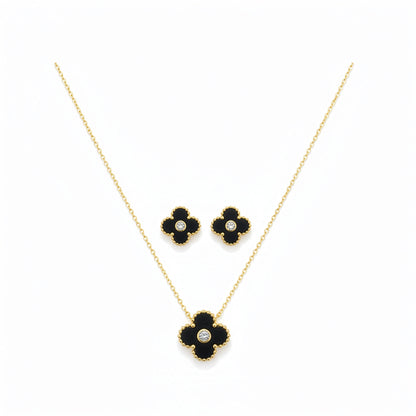 Set Trèfle Lumière Onyx flatlay complet collier chaîne dorée et boucles assorties — Beauty Store Maroc