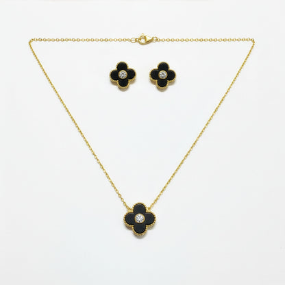 Set Trèfle Lumière Onyx collier et boucles cristal acier inoxydable doré — Beauty Store Maroc